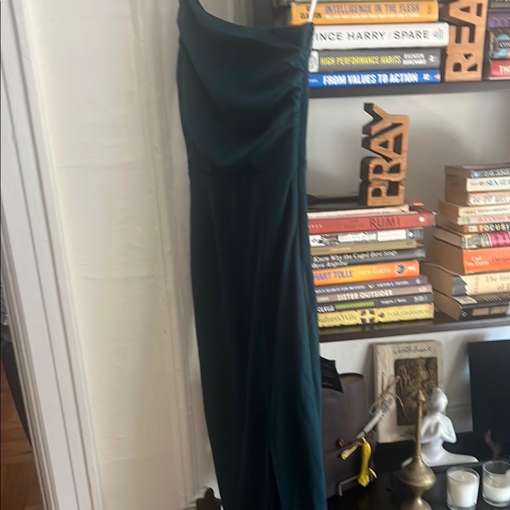 Lulu's Elegant One-Shoulder Dark Green Dress